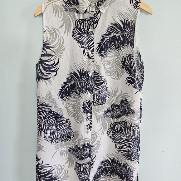 Lina Tomei Chic Monochrome Feather Print Italian Linen Midi Dress - Picture 1 of 3